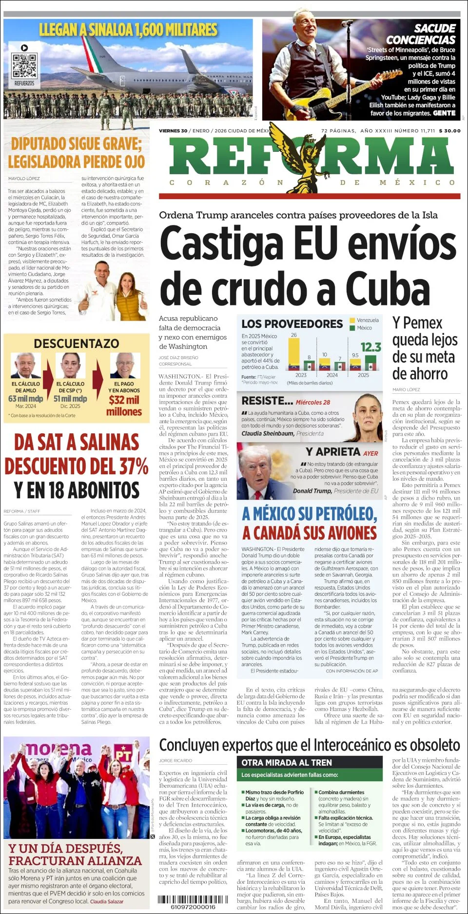 Portada de Reforma del viernes, 30 de enero de 2026