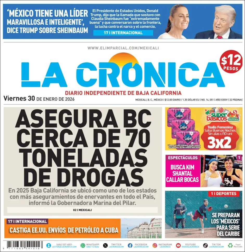 Portada de La Cronica del viernes, 30 de enero de 2026