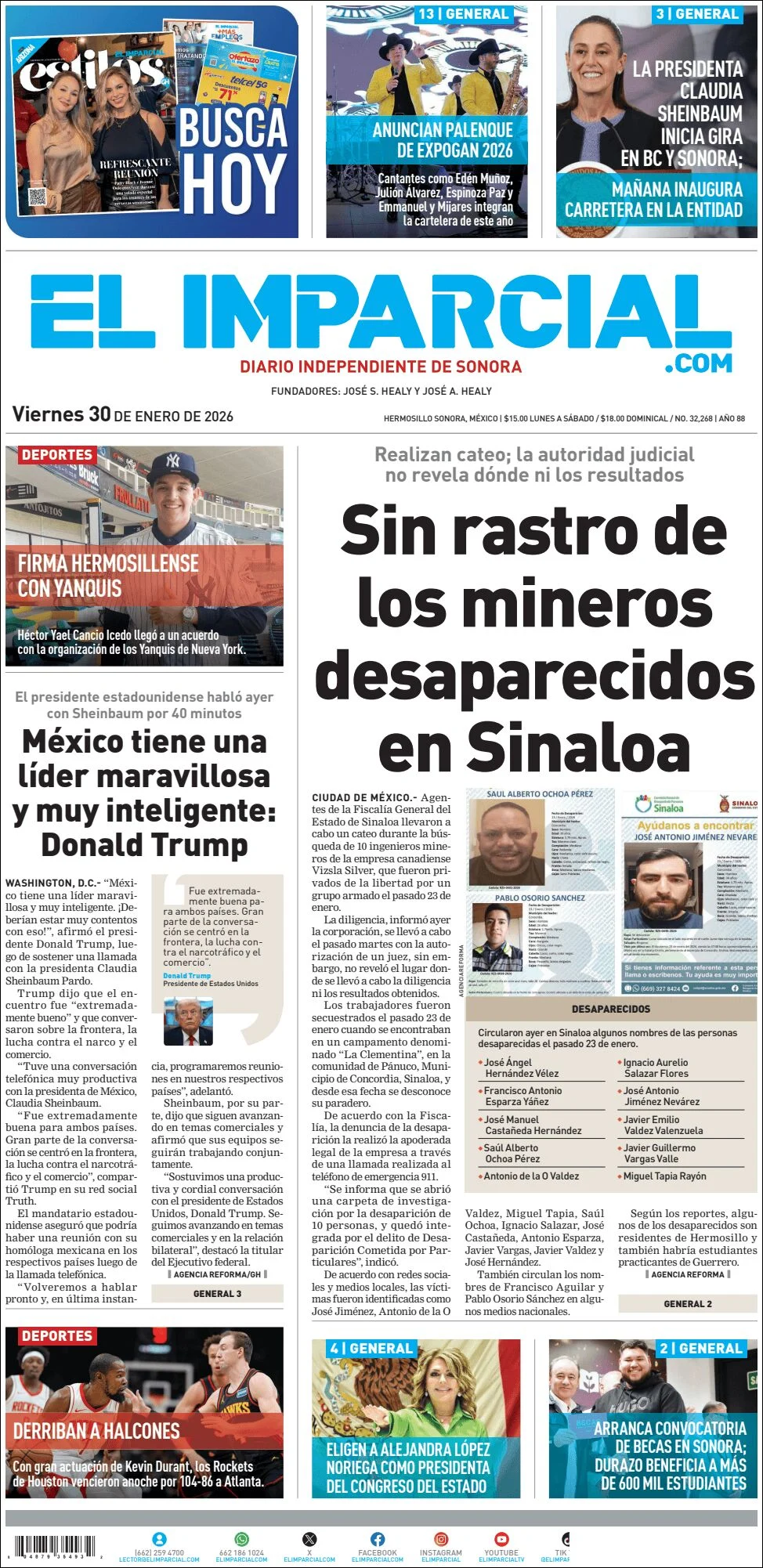 Portada de El Imparcial del viernes, 30 de enero de 2026