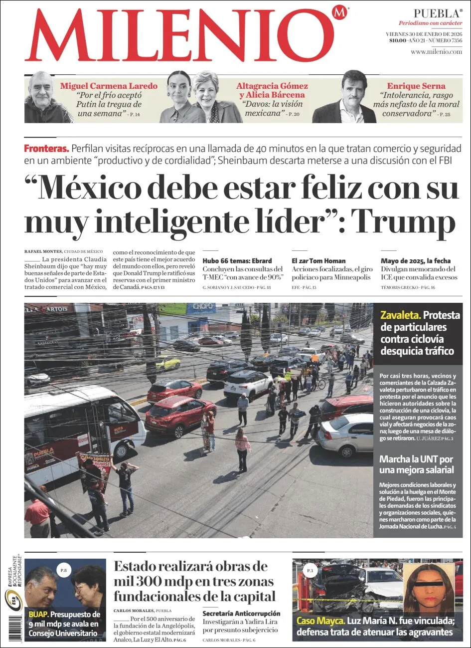 Portada de Milenio Puebla del viernes, 30 de enero de 2026