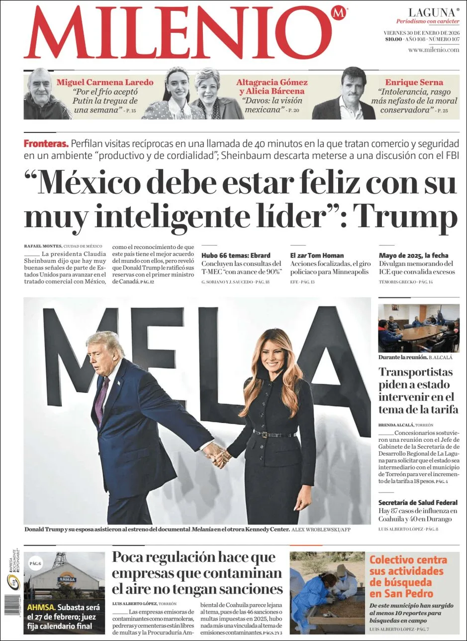 Portada de Milenio Laguna del viernes, 30 de enero de 2026