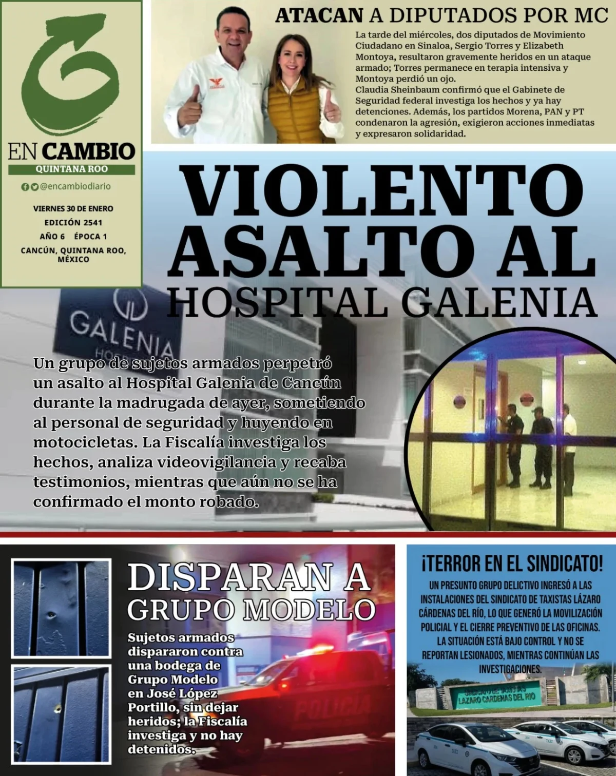 Portada de En Cambio - Quintana Roo (portada) del viernes, 30 de enero de 2026