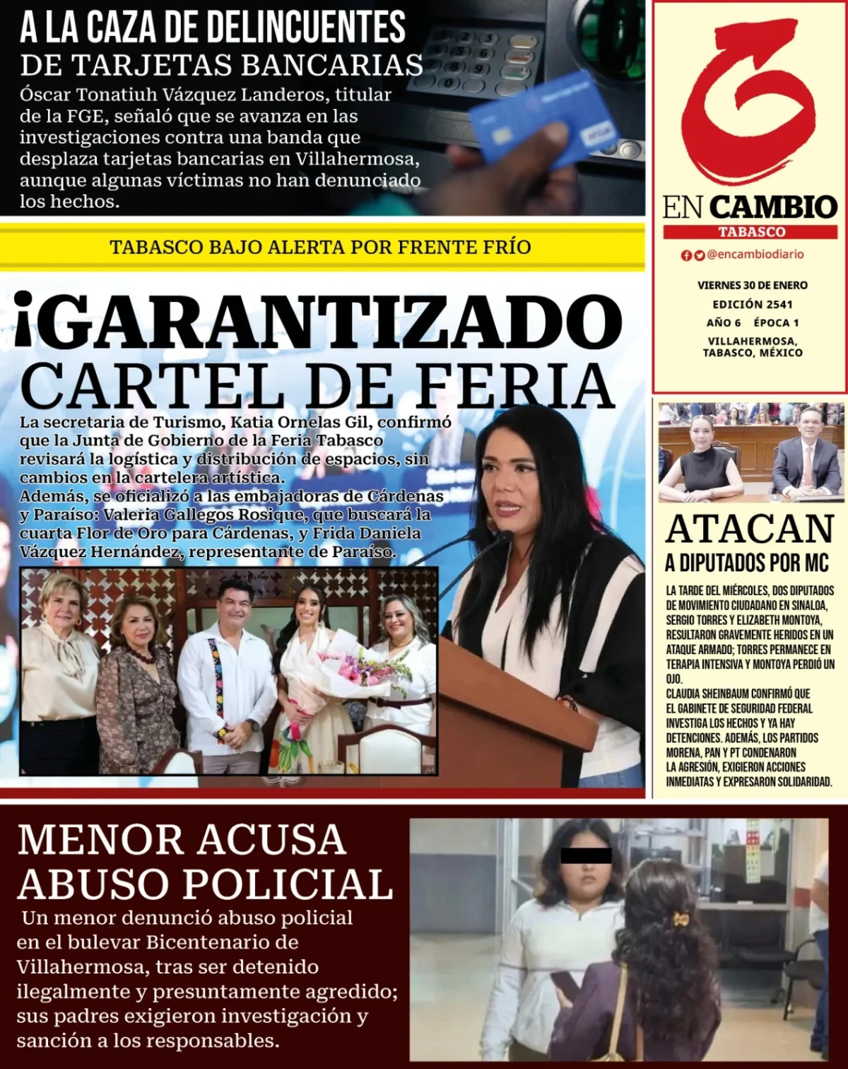 Portada de En Cambio - Tabasco (portada) del viernes, 30 de enero de 2026