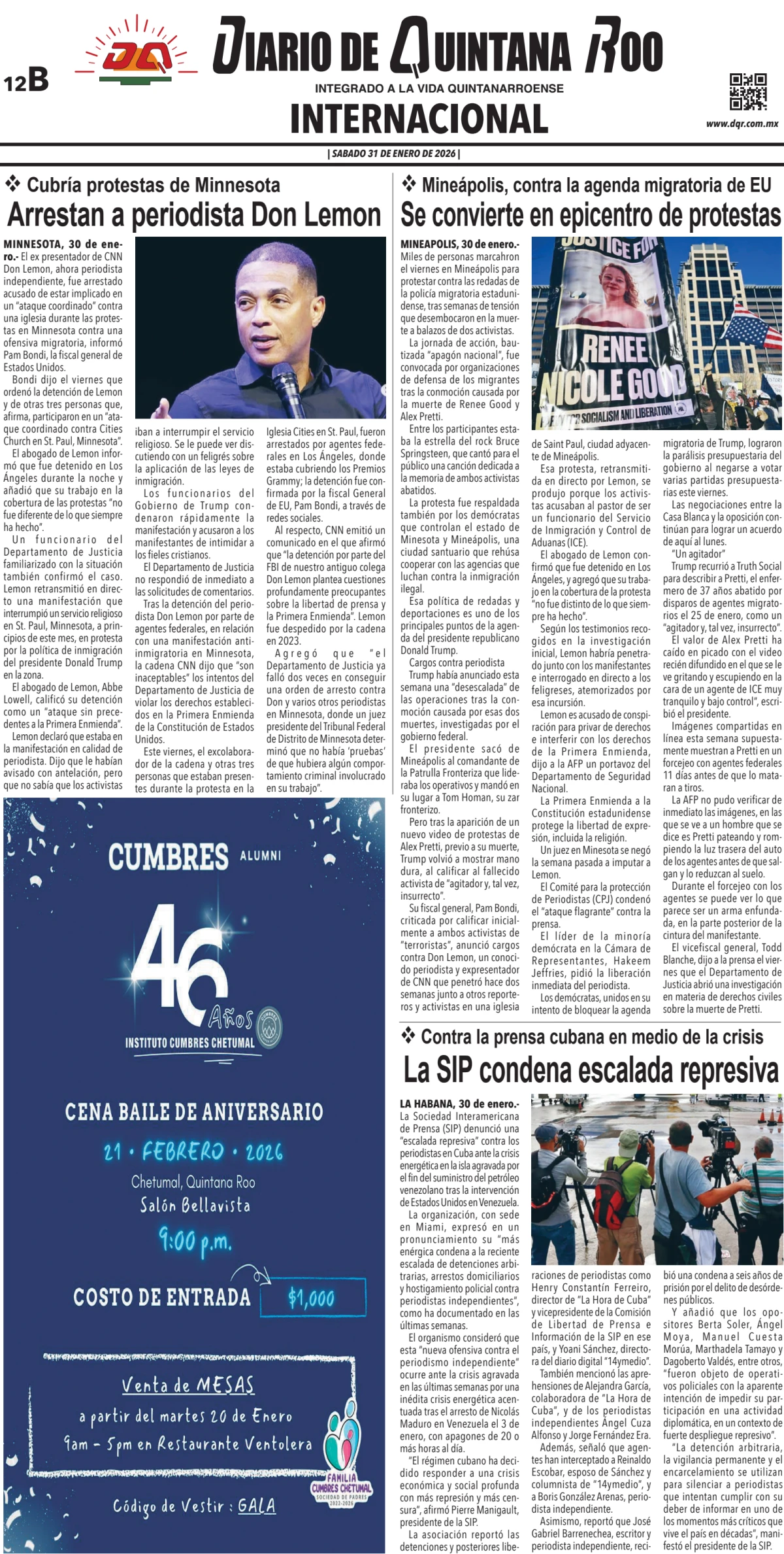 Portada de Diario de Quintana Roo (contra Portada) del sábado, 31 de enero de 2026