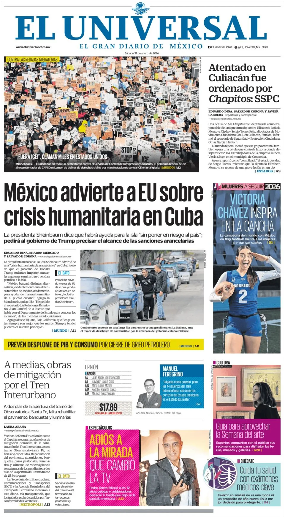 Portada de El Universal del sábado, 31 de enero de 2026