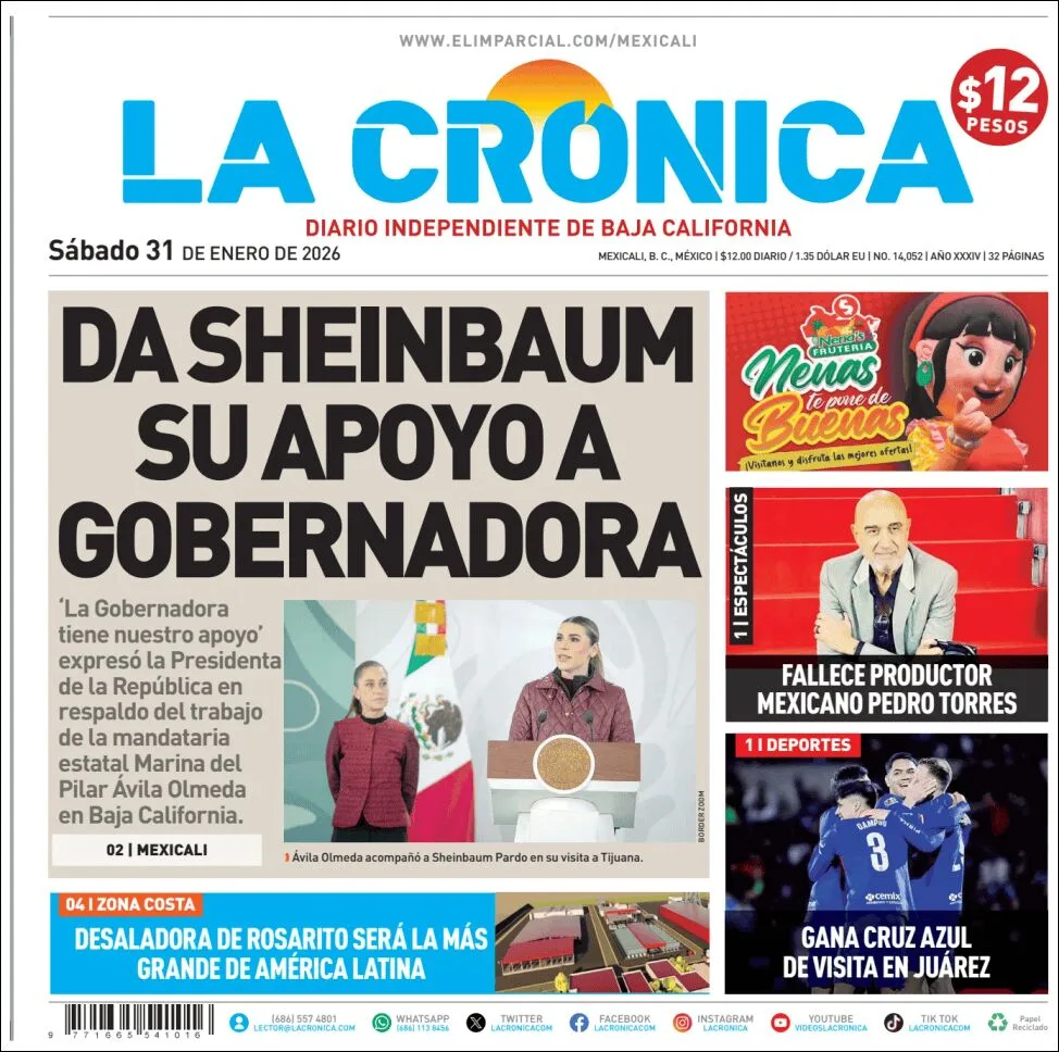 Portada de La Cronica del sábado, 31 de enero de 2026