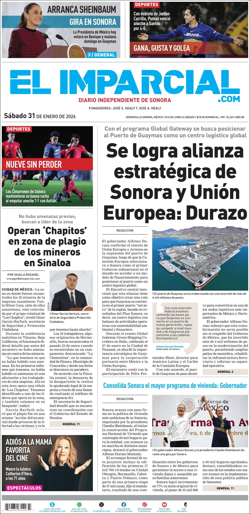 Portada de El Imparcial del sábado, 31 de enero de 2026