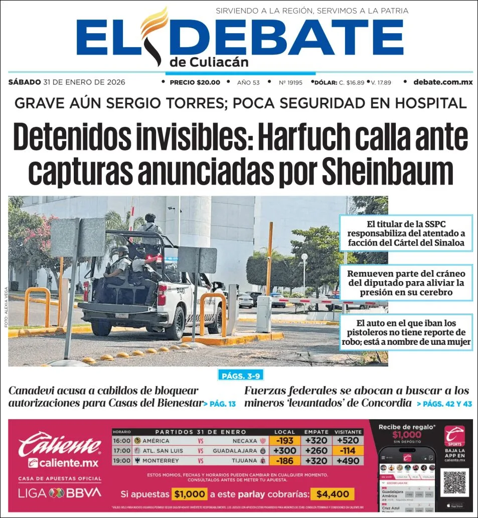Portada de El Debate de Culiacan del sábado, 31 de enero de 2026