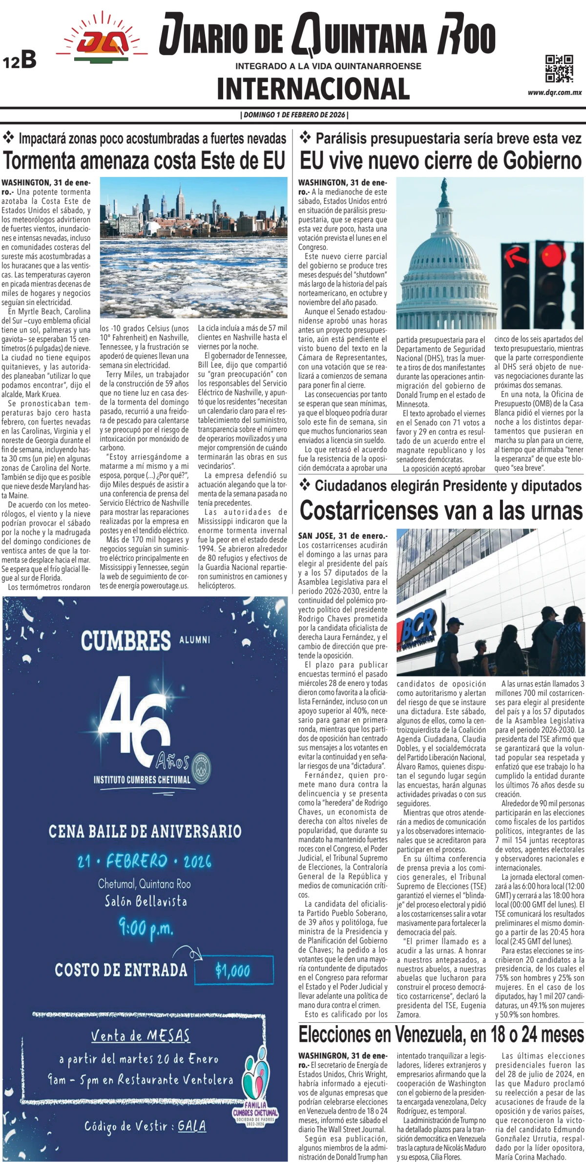 Portada de Diario de Quintana Roo (contra Portada) del domingo, 1 de febrero de 2026