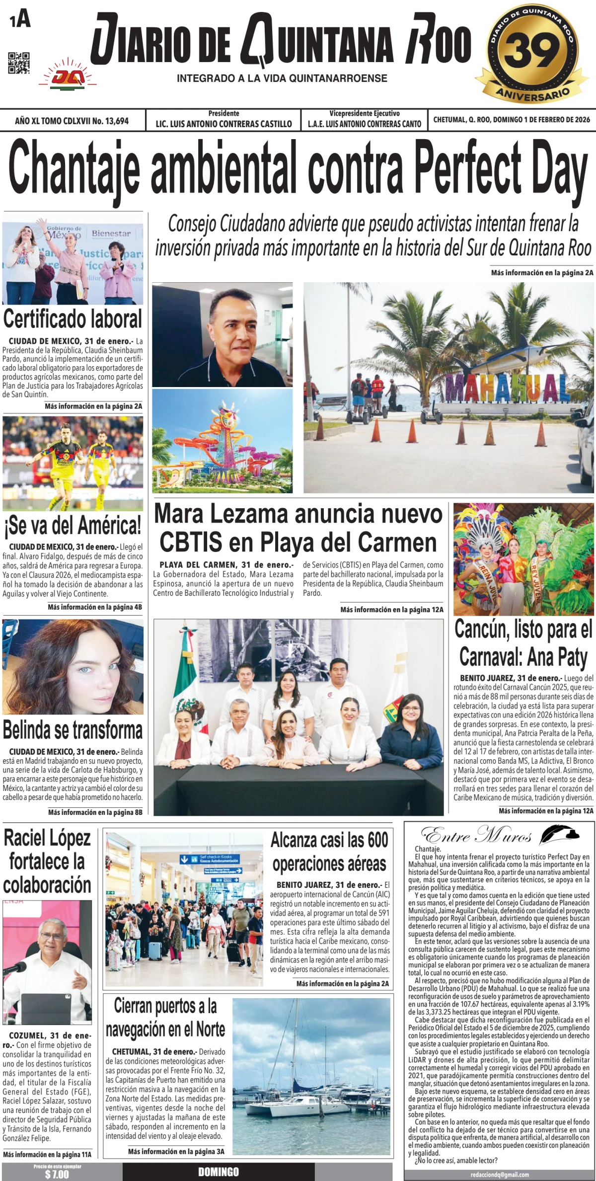 Portada de Diario de Quintana Roo (portada) del domingo, 1 de febrero de 2026