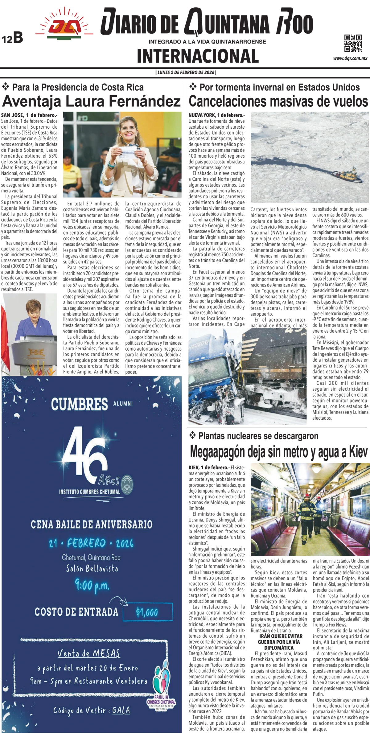 Portada de Diario de Quintana Roo (contra Portada) del lunes, 2 de febrero de 2026