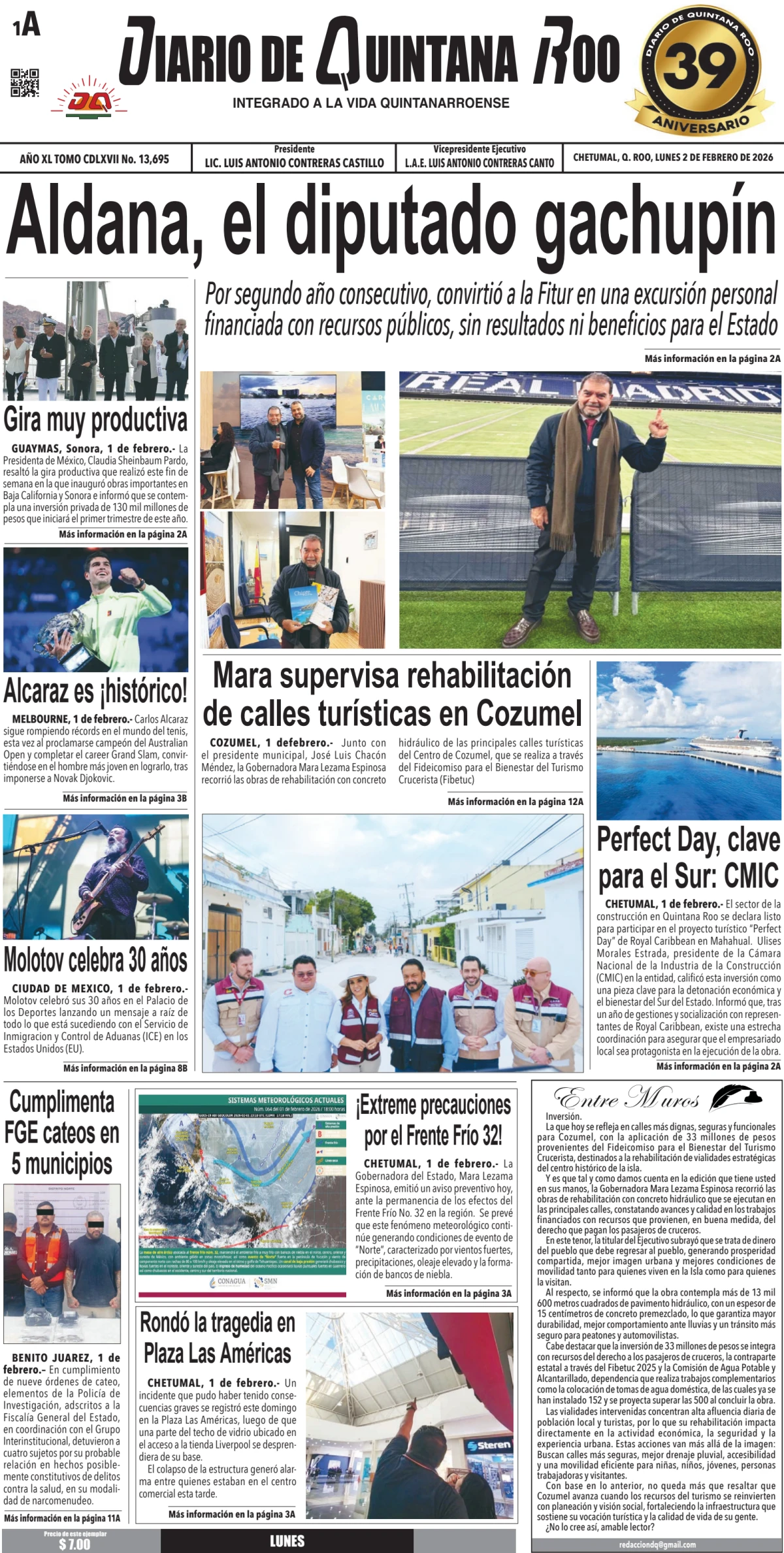 Portada de Diario de Quintana Roo (portada) del lunes, 2 de febrero de 2026