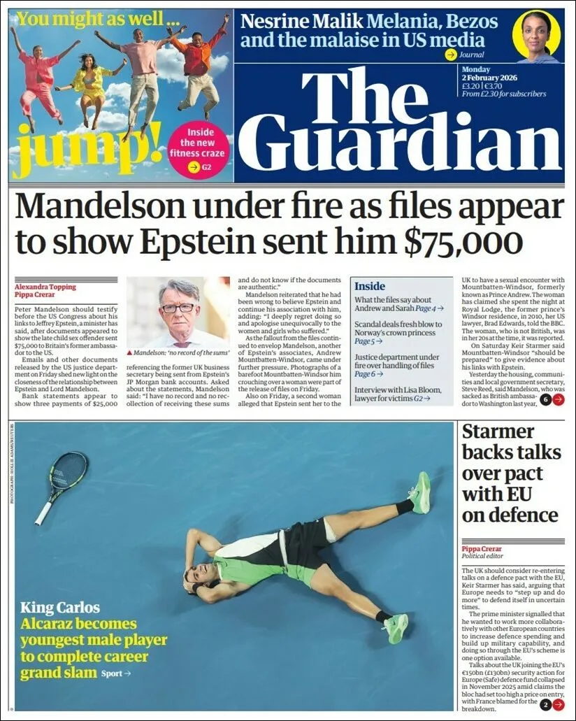 Portada de The Guardian (reino Unido) del lunes, 2 de febrero de 2026