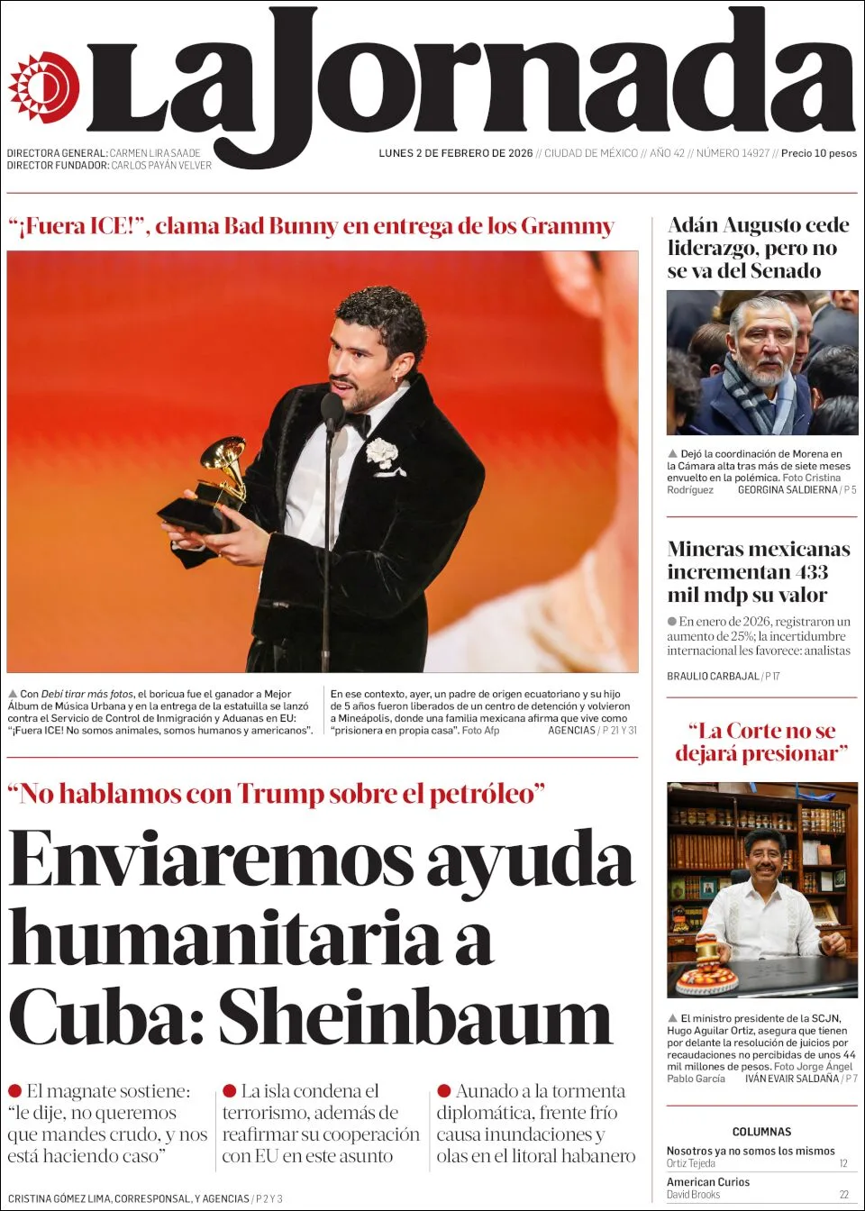 Portada de La Jornada del lunes, 2 de febrero de 2026