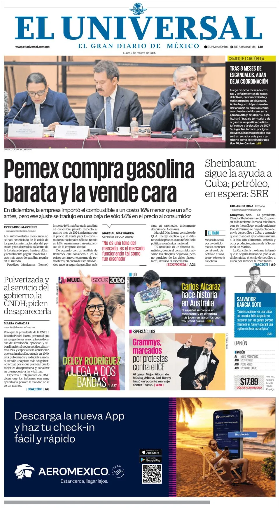 Portada de El Universal del lunes, 2 de febrero de 2026