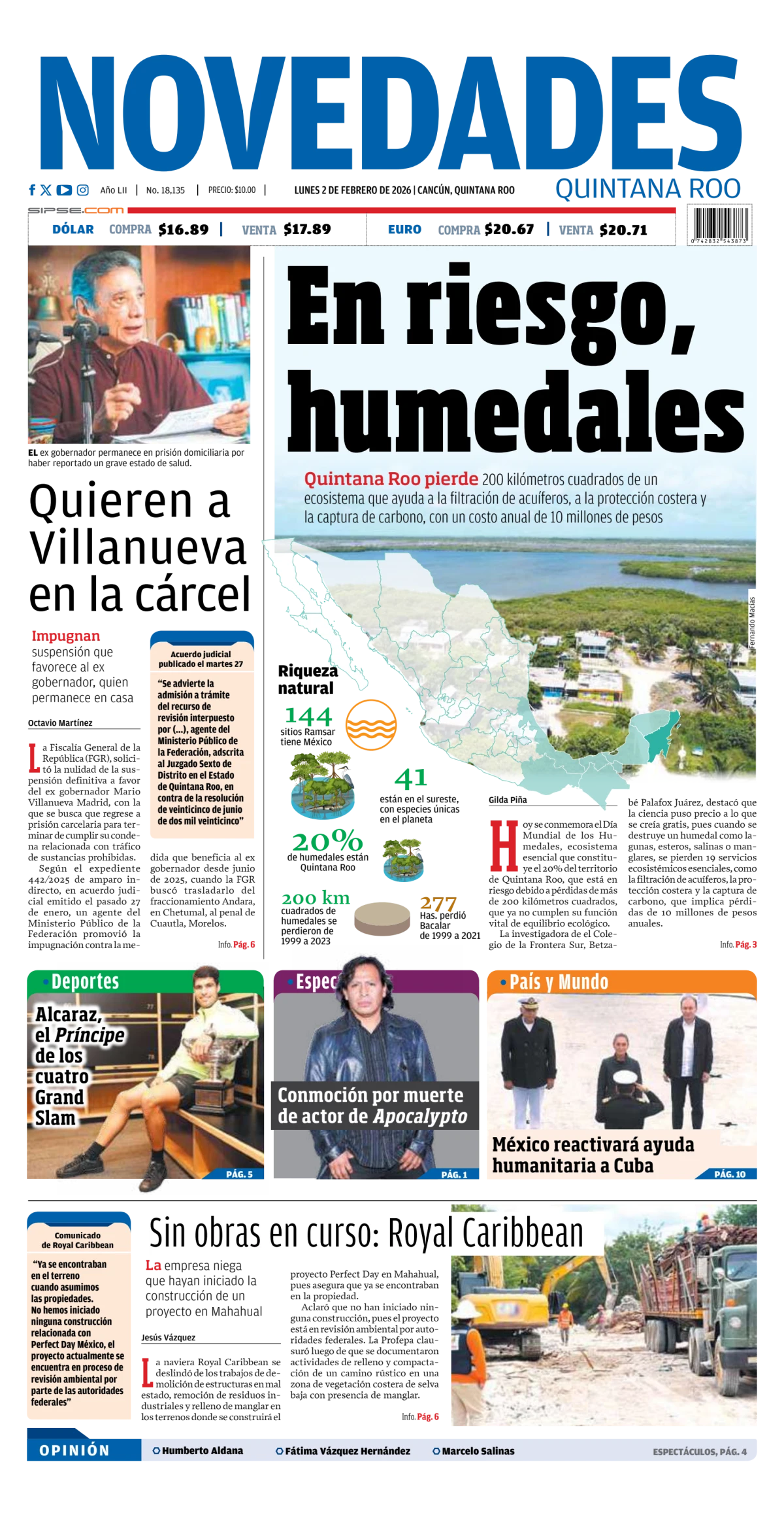 Portada de Novedades Quintana Roo del lunes, 2 de febrero de 2026