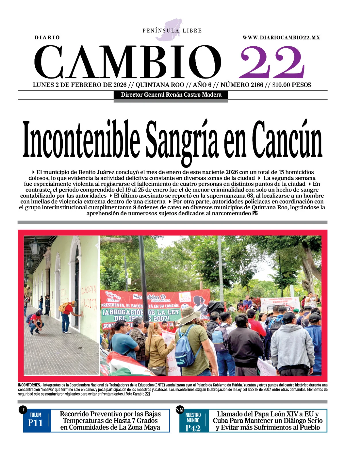 Portada de Diario Cambio 22 (contraportada) del lunes, 2 de febrero de 2026