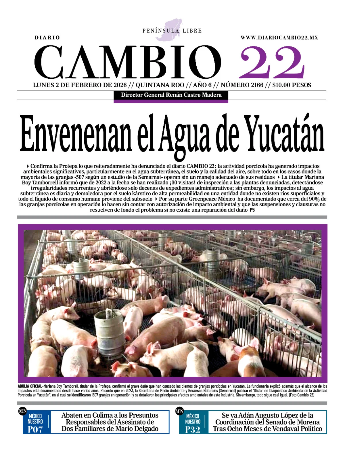 Portada de Diario Cambio 22 (portada) del lunes, 2 de febrero de 2026