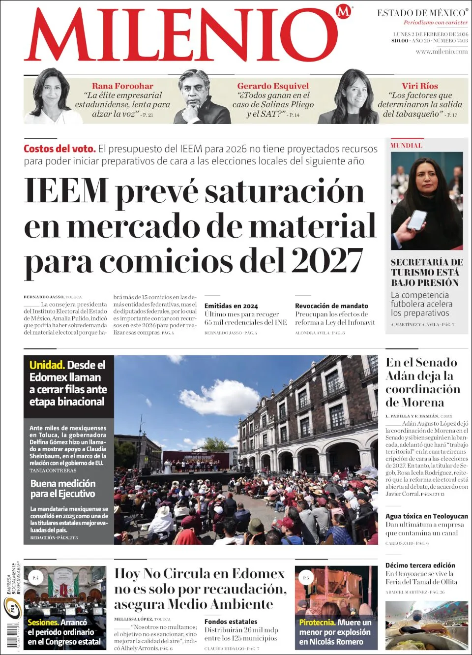 Portada de Milenio Edo de Mexico del lunes, 2 de febrero de 2026