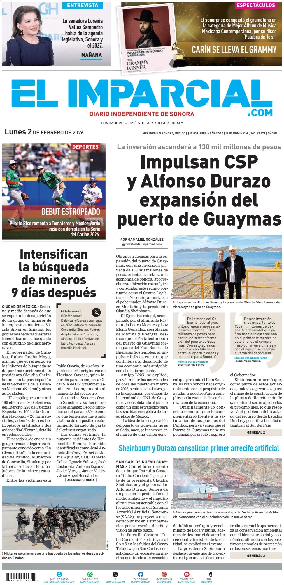 Portada de El Imparcial del lunes, 2 de febrero de 2026