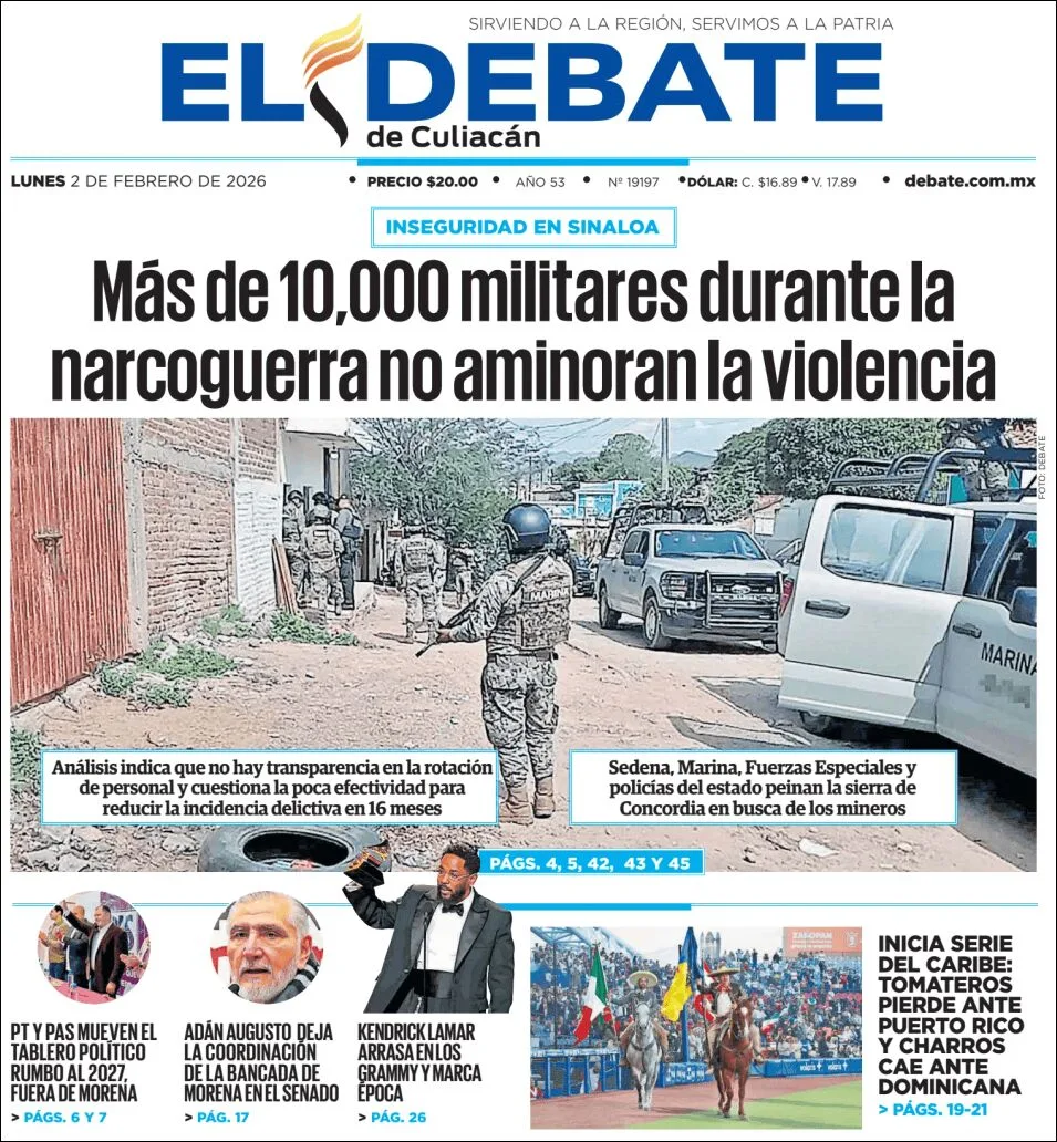 Portada de El Debate de Culiacan del lunes, 2 de febrero de 2026