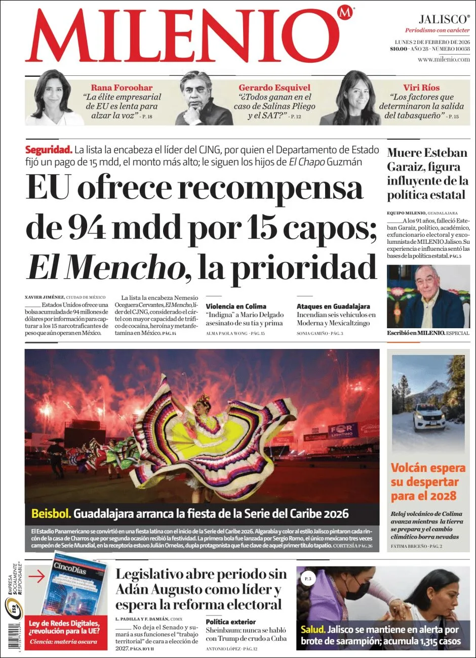 Portada de Milenio Jalisco del lunes, 2 de febrero de 2026