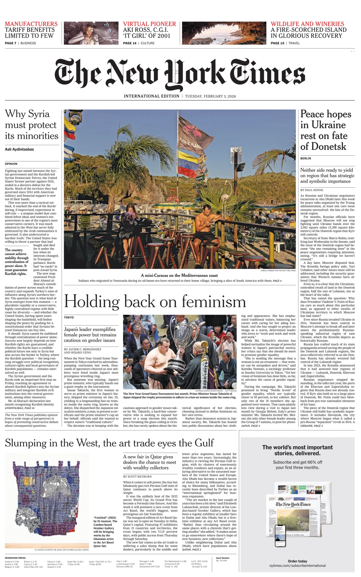 Portada de The New York Times (international) del martes, 3 de febrero de 2026
