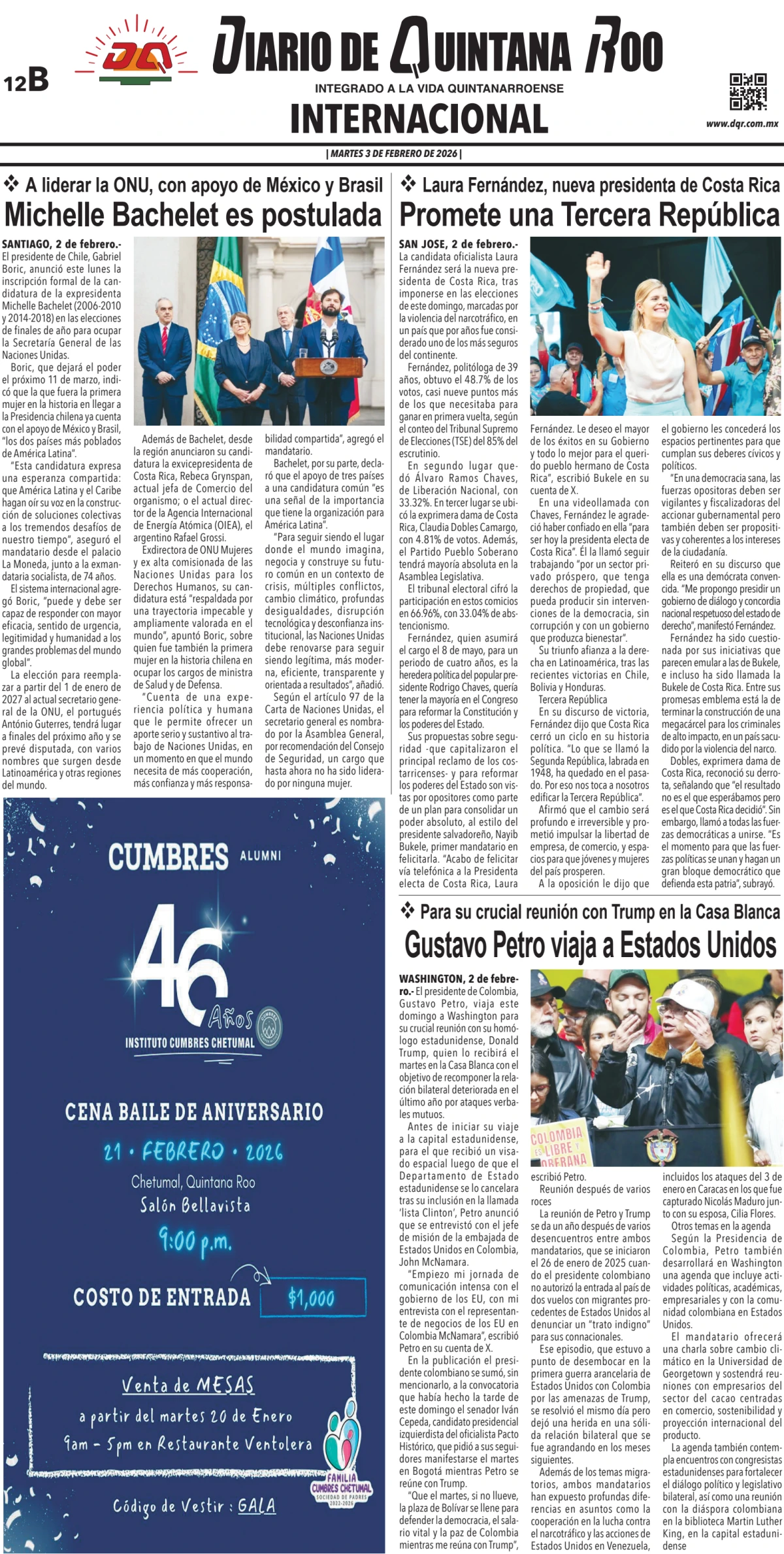 Portada de Diario de Quintana Roo (contra Portada) del martes, 3 de febrero de 2026