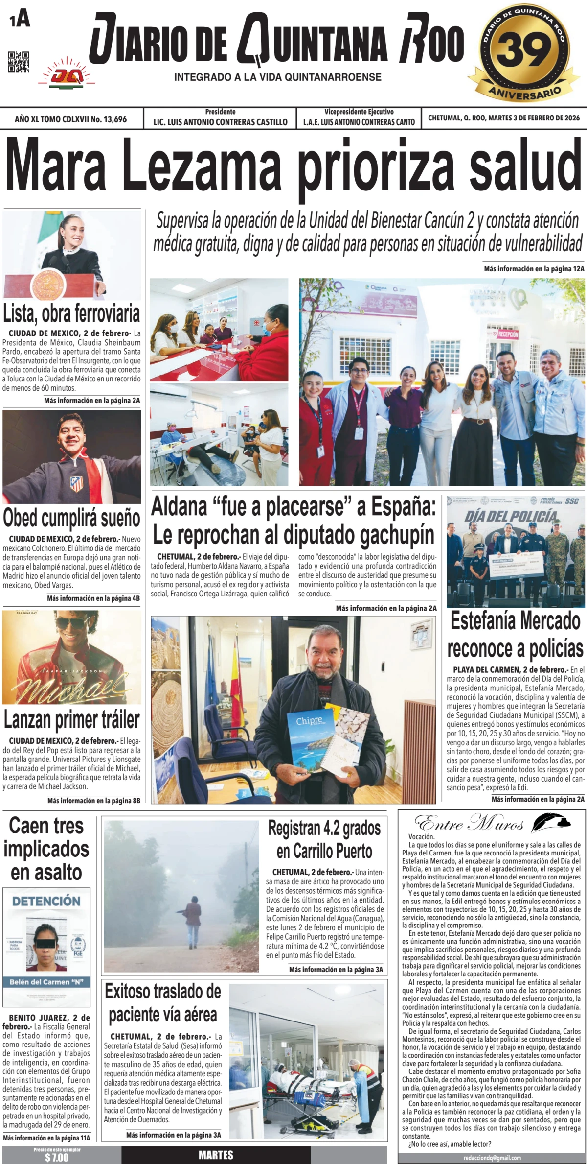 Portada de Diario de Quintana Roo (portada) del martes, 3 de febrero de 2026