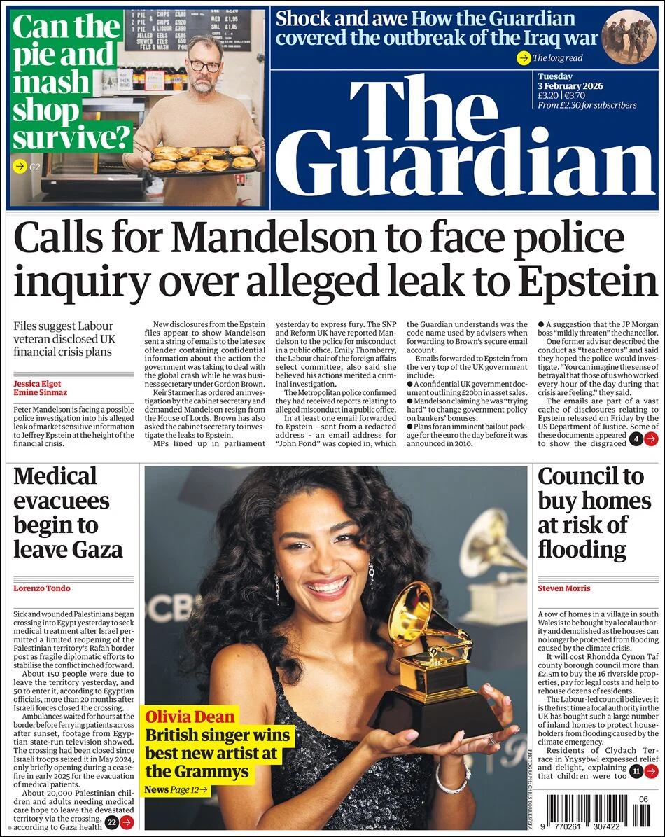 Portada de The Guardian (reino Unido) del martes, 3 de febrero de 2026