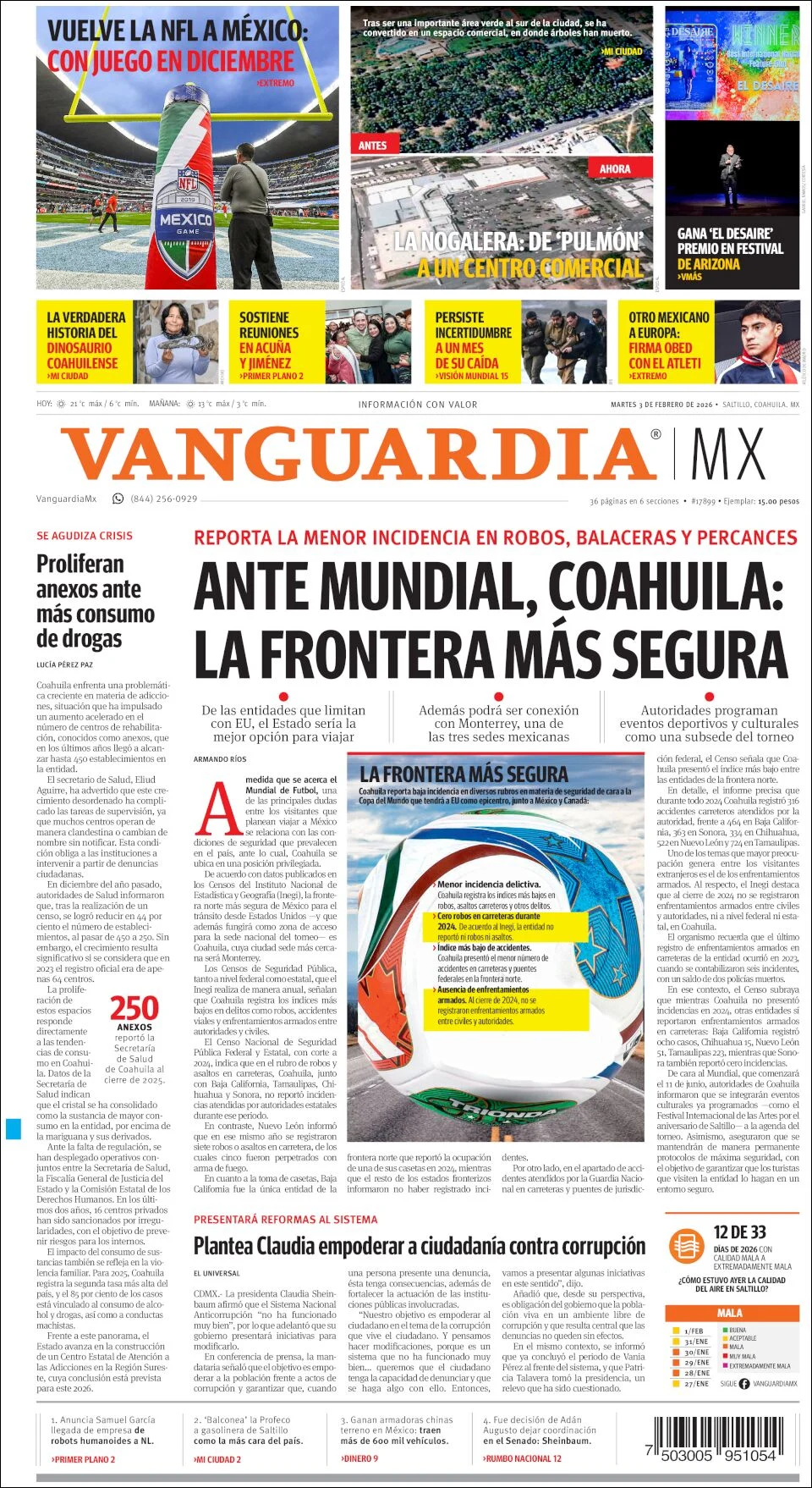 Portada de Vanguardia del martes, 3 de febrero de 2026