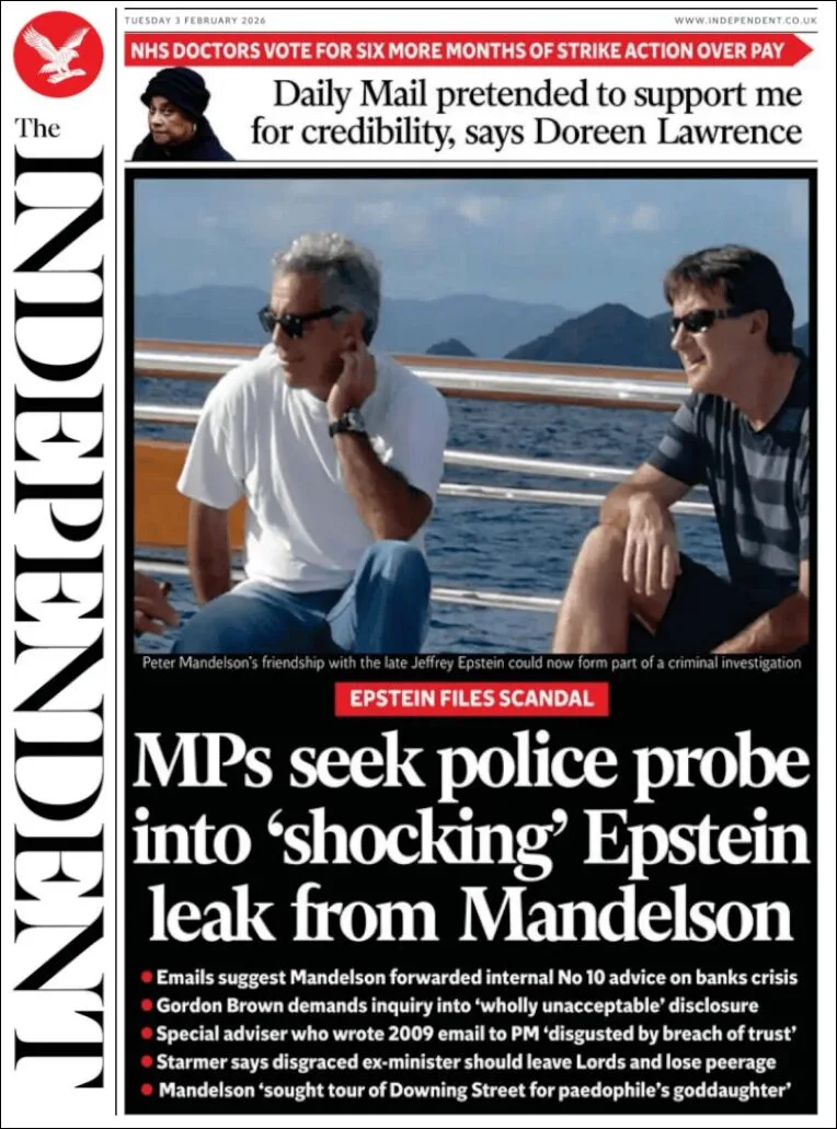 Portada de The Independent del martes, 3 de febrero de 2026