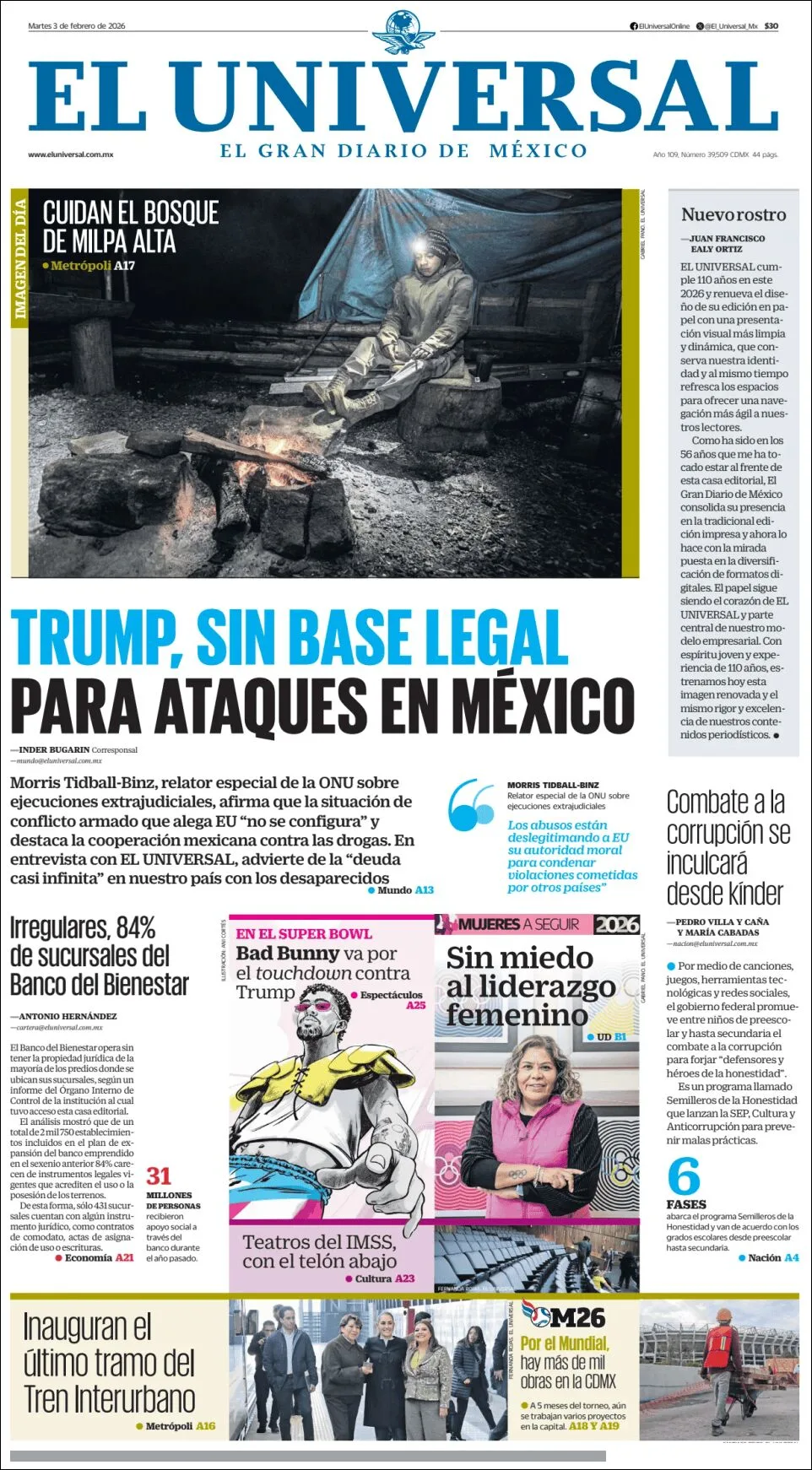 Portada de El Universal del martes, 3 de febrero de 2026