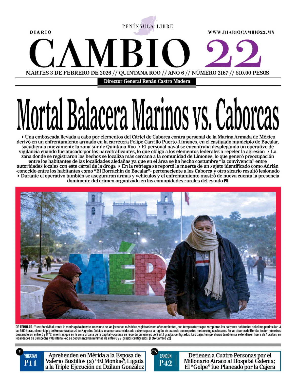 Portada de Diario Cambio 22 (contraportada) del martes, 3 de febrero de 2026