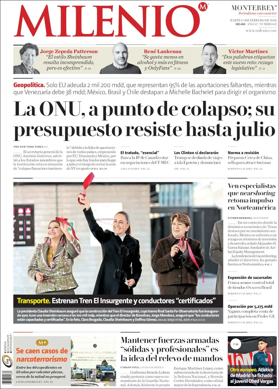 Portada de Milenio del martes, 3 de febrero de 2026