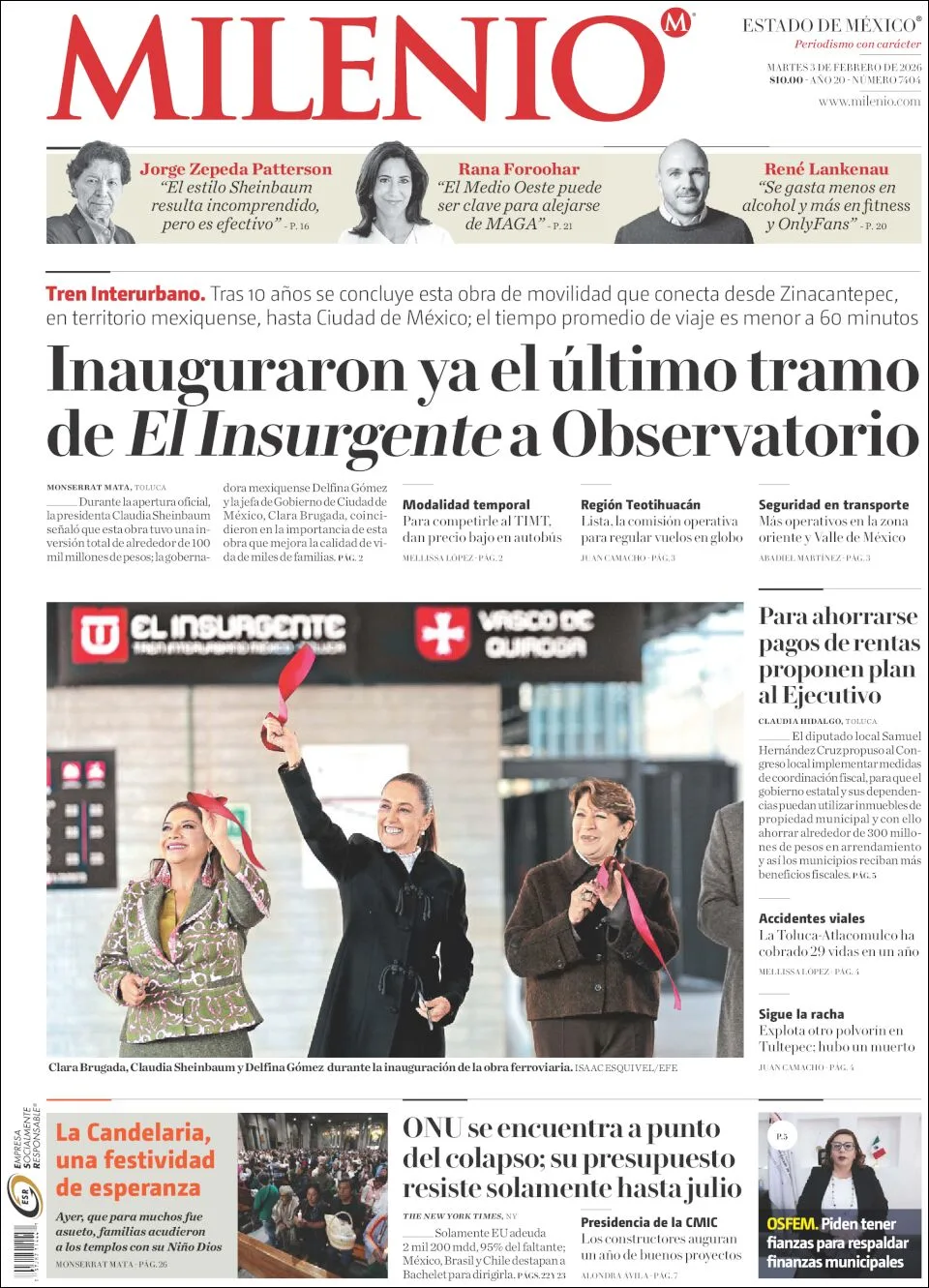 Portada de Milenio Edo de Mexico del martes, 3 de febrero de 2026