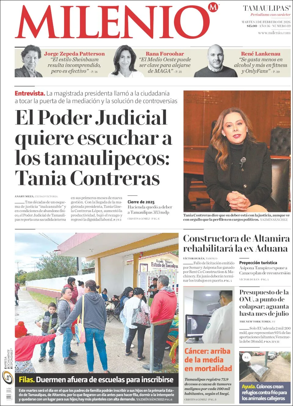 Portada de Milenio Tamaulipas del martes, 3 de febrero de 2026