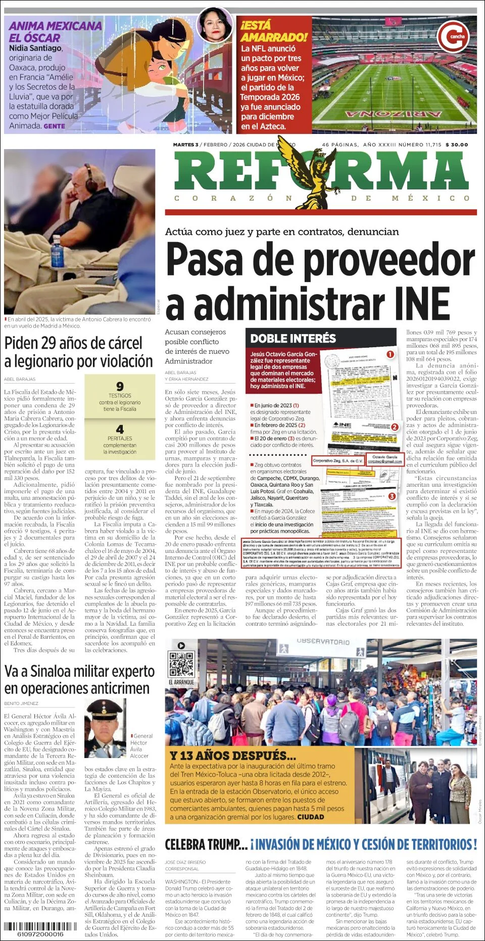 Portada de Reforma del martes, 3 de febrero de 2026