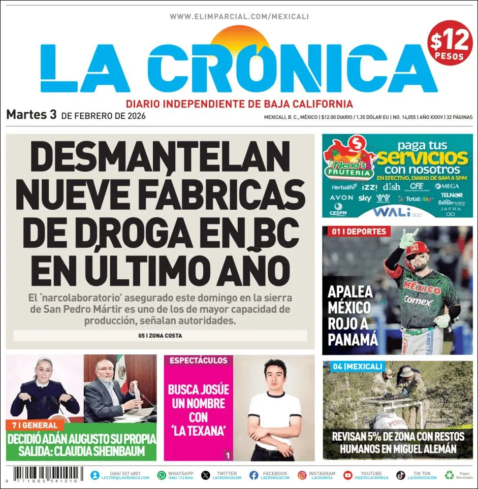 Portada de La Cronica del martes, 3 de febrero de 2026