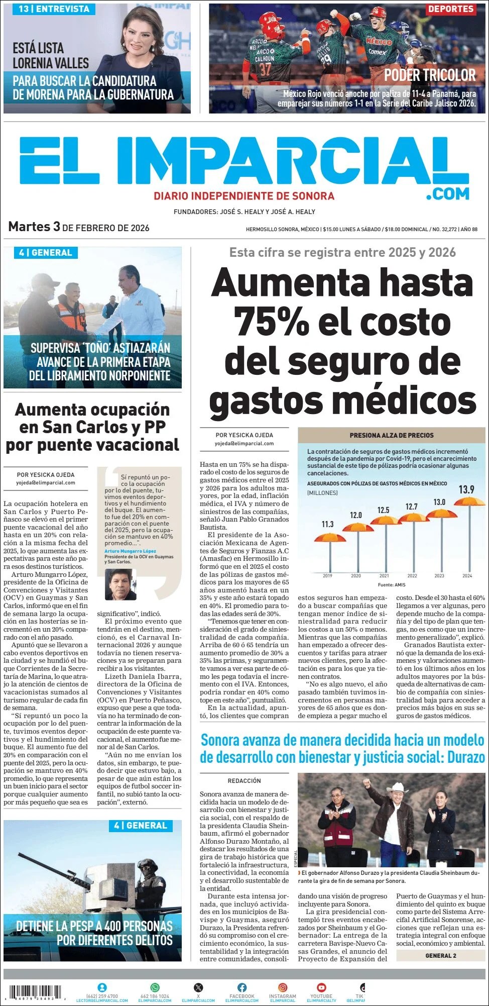 Portada de El Imparcial del martes, 3 de febrero de 2026