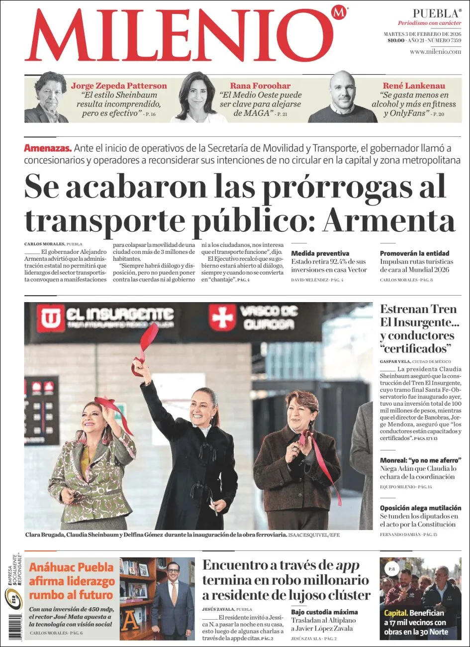 Portada de Milenio Puebla del martes, 3 de febrero de 2026