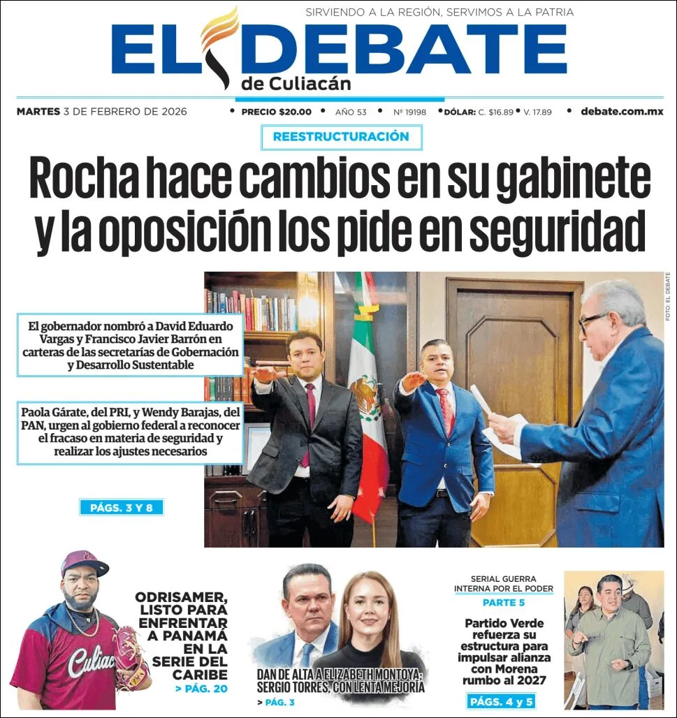 Portada de El Debate de Culiacan del martes, 3 de febrero de 2026