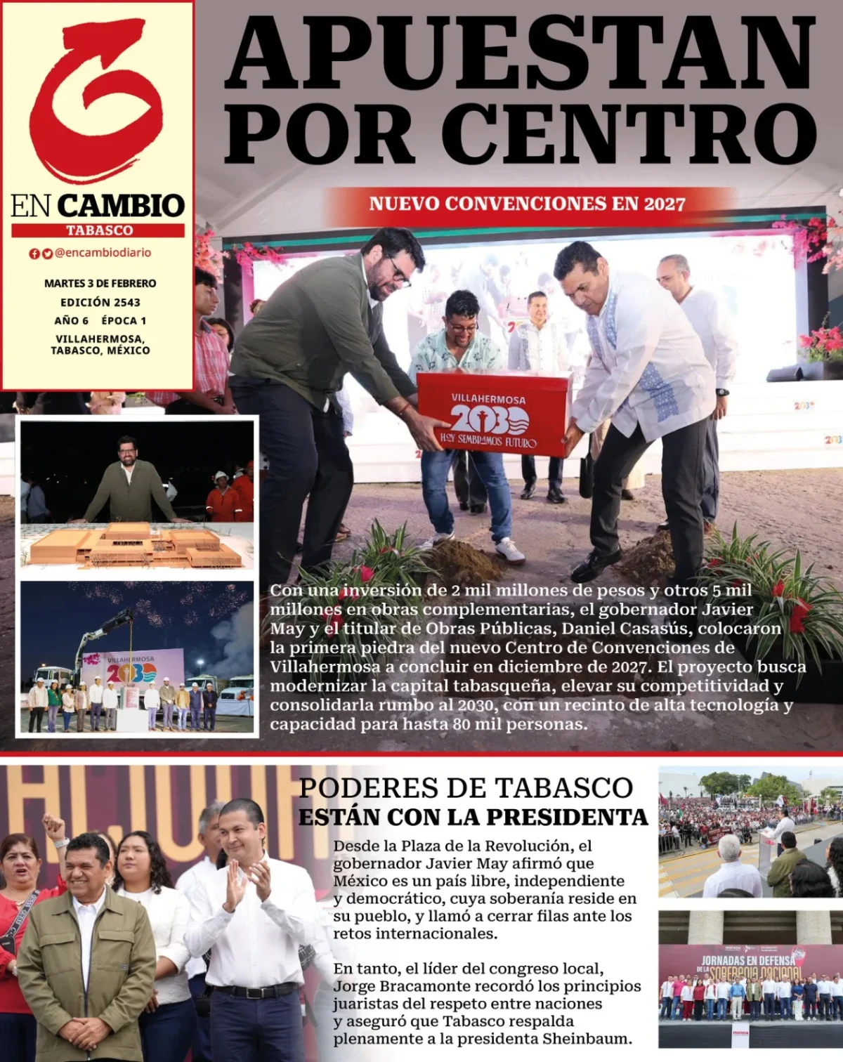 Portada de En Cambio - Tabasco (portada) del martes, 3 de febrero de 2026