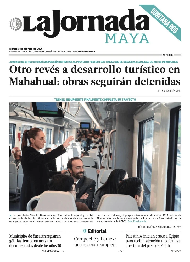 Portada de La Jornada Maya Quintana Roo del martes, 3 de febrero de 2026