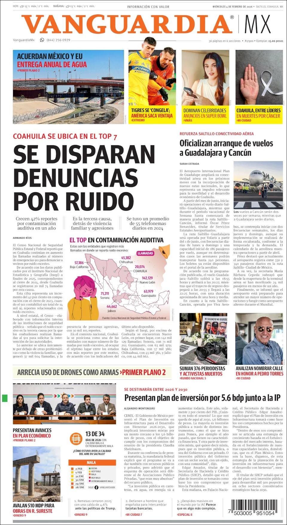 Portada de Vanguardia del miércoles, 4 de febrero de 2026