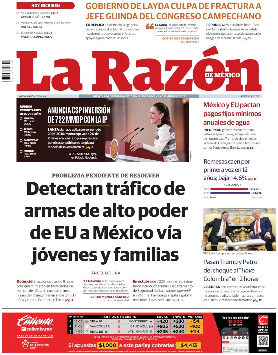 Portada de La Razon del miércoles, 4 de febrero de 2026