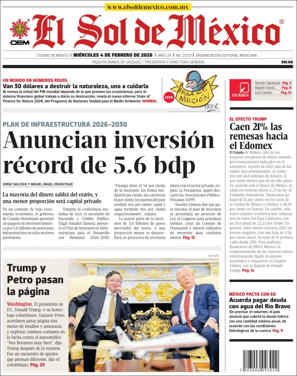 Portada de El Sol de Mexico del miércoles, 4 de febrero de 2026