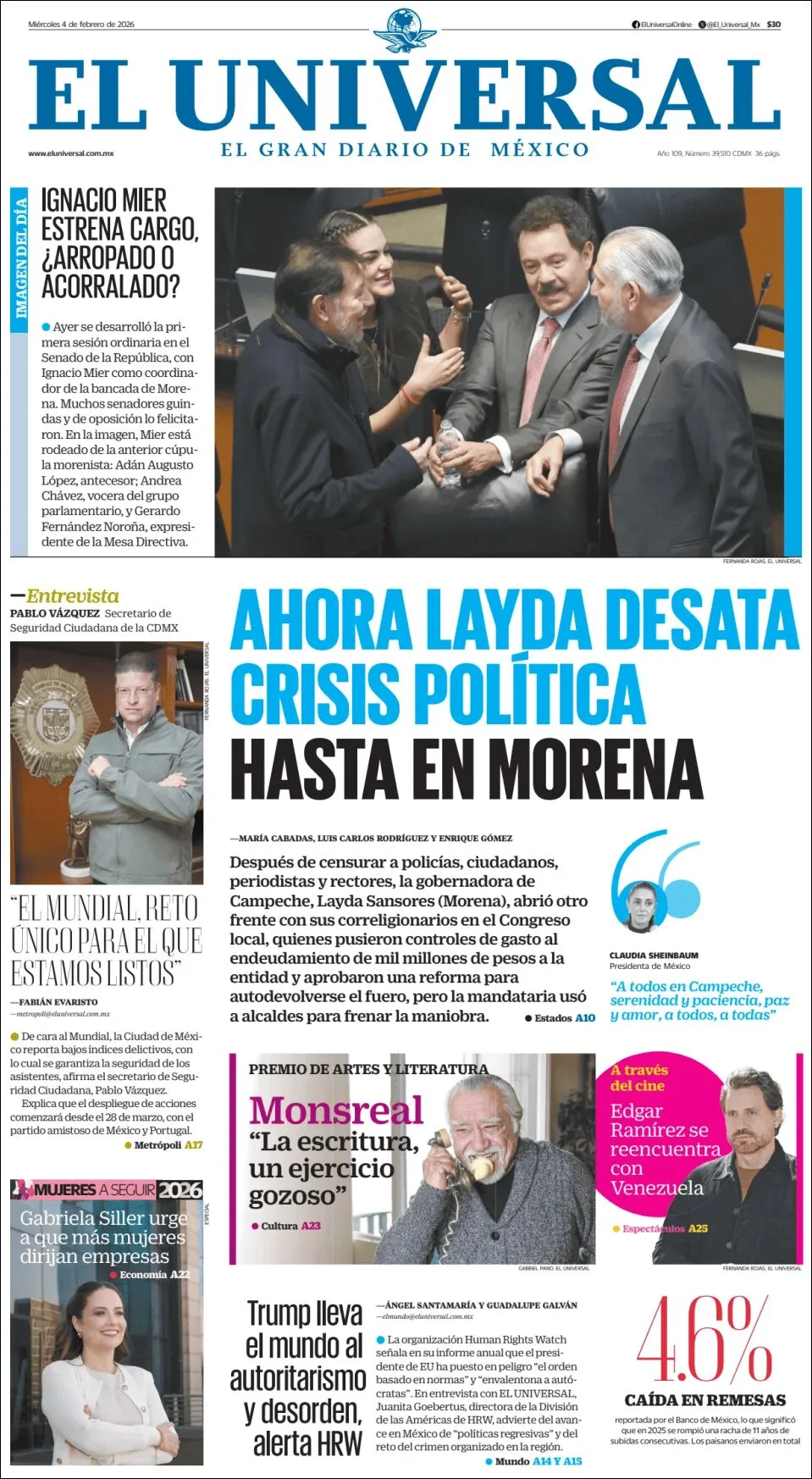 Portada de El Universal del miércoles, 4 de febrero de 2026