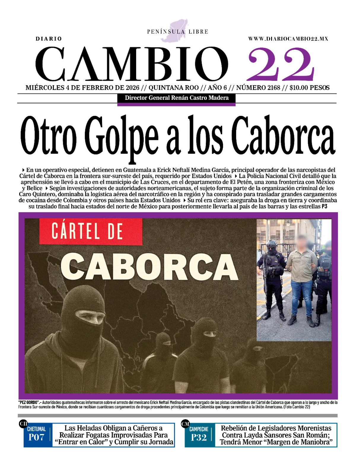 Portada de Diario Cambio 22 (portada) del miércoles, 4 de febrero de 2026