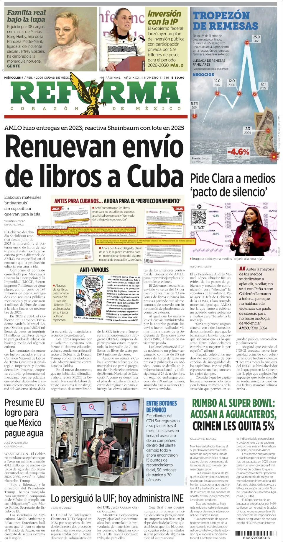 Portada de Reforma del miércoles, 4 de febrero de 2026
